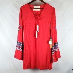 NWT California Moonrise Boho Embroidered Tunic Top in Red‎